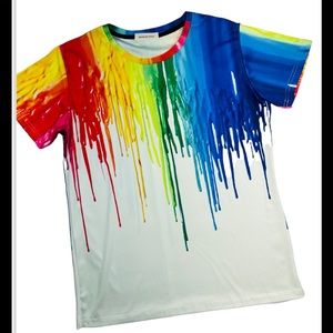 Chic Rainbow Dripping Paint 3D Print Short Sleeve Slim Fit White T-Shirt